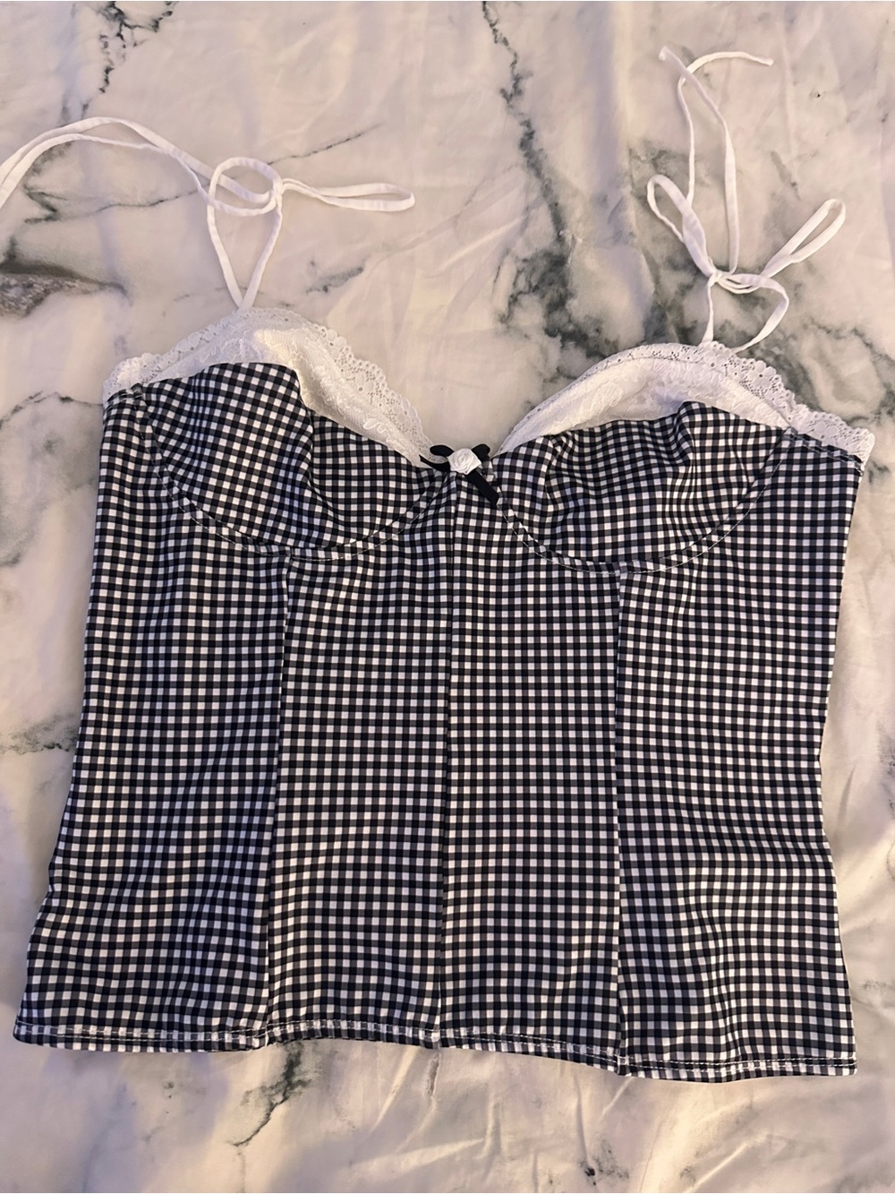 Edikted Black and White Gingham Lace-Trim Cami